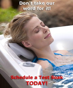 woman in hot tub with text: "schedule a test soak today"