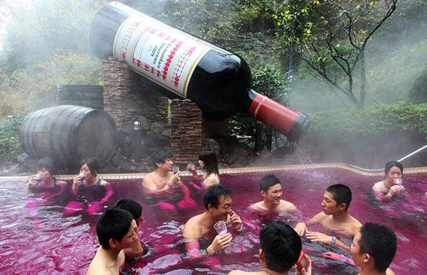 Red wine is just one bathing option at this resort. Green tea, sake, coffee and chocolate available, too!