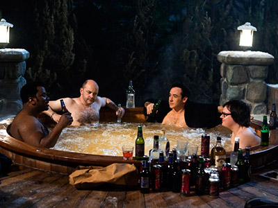 Hot Tub Time Machine-4 buddies drinking in the hot tub